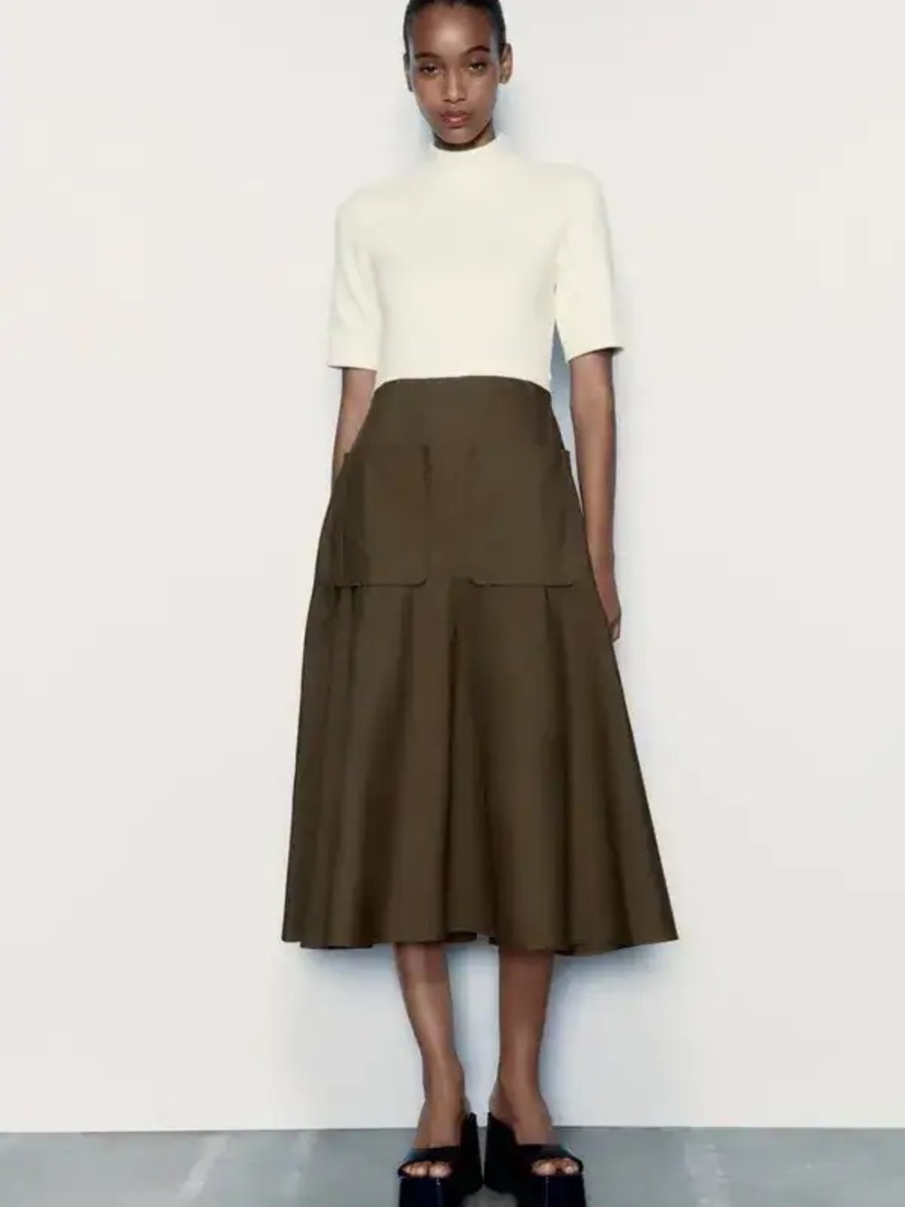 Zara Ecru & Olive Midi A-Line Dress with Pockets NWT